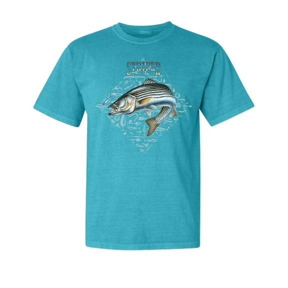 Wild Bobby, Nautical Striper Fresh & Salt Diamond, Fish, Garment-Dyed Washed Look Short Sleeve Tees, Blue Lagoon, Small
