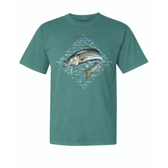 Wild Bobby, Nautical Striper Fresh & Salt Diamond, Fish, Garment-Dyed Washed Look Short Sleeve Tees, Emerald, Medium