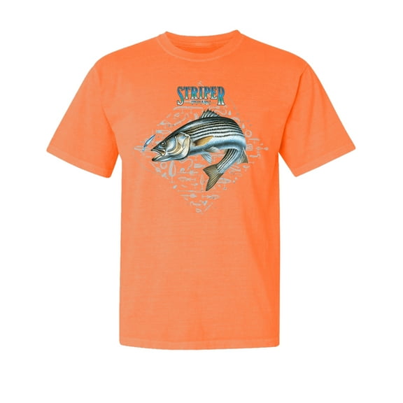 Wild Bobby, Nautical Striper Fresh & Salt Diamond, Fish, Garment-Dyed Washed Look Short Sleeve Tees, Neon Orange, Medium