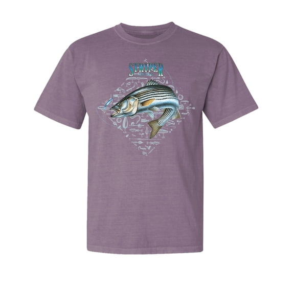Wild Bobby, Nautical Striper Fresh & Salt Diamond, Fish, Garment-Dyed Washed Look Short Sleeve Tees, Rosewood, Small