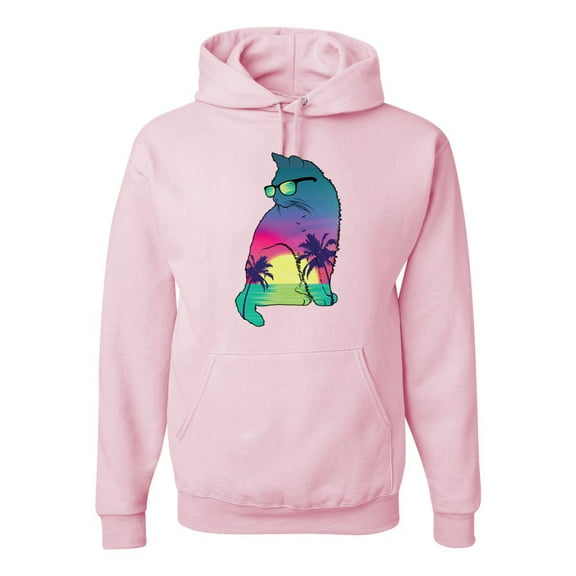 Wild Bobby, Neon Beach Sunset Cat California Vibes | Mens Animal Lover Hooded Sweatshirt Graphic Hoodie, Light Pink, 3XL