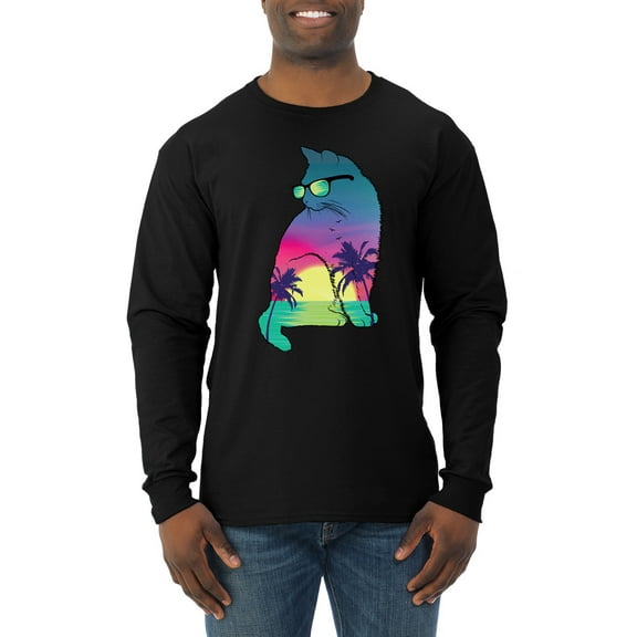 Wild Bobby, Neon Beach Sunset Cat California Vibes | Mens Animal Lover Long Sleeve T-Shirt, Black, 3XL