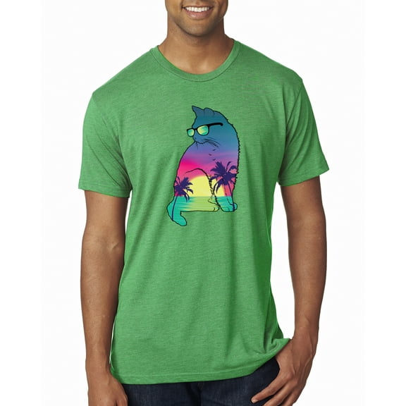 Wild Bobby, Neon Beach Sunset Cat California Vibes | Mens Animal Lover Premium Tri Blend T-Shirt, Envy, 2XL