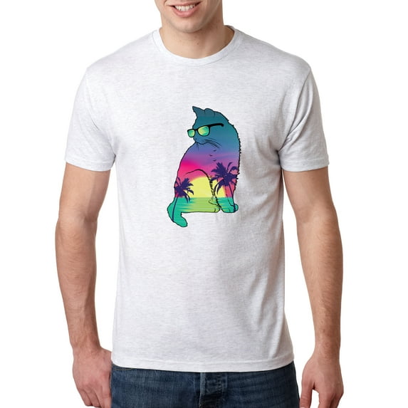 Wild Bobby, Neon Beach Sunset Cat California Vibes | Mens Animal Lover Premium Tri Blend T-Shirt, Heather White, Large