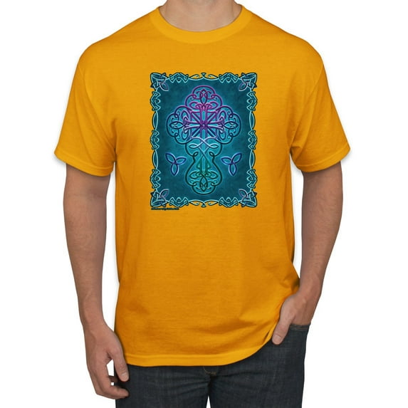 Wild Bobby, Neon Celtic Cross, Inspirational/Christian, Men Graphic Tees, Gold, 5XL