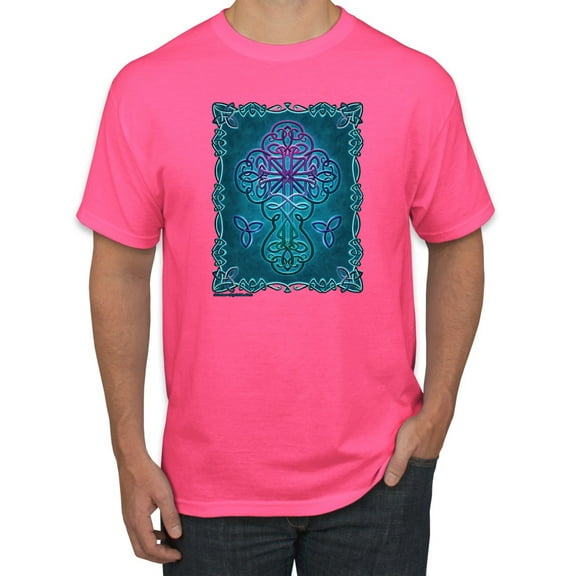 Wild Bobby, Neon Celtic Cross, Inspirational/Christian, Men Graphic Tees, Neon Pink, Large