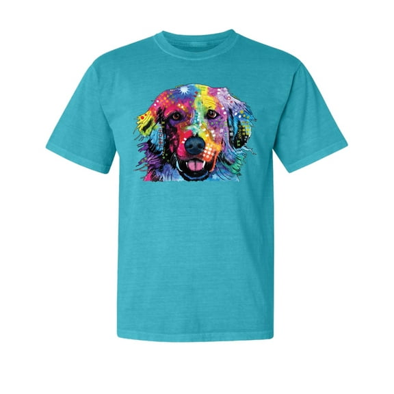 Wild Bobby,Neon Cute Dean Russo Labrador Retriver Dog Lover Garment-Dyed Washed Look Short Sleeve Tees, Blue Lagoon, Small
