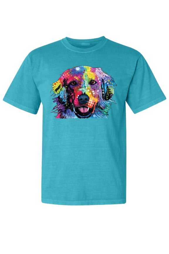 ,Neon Cute Dean Russo Labrador Retriver Dog Lover Garment-Dyed Washed Look Short Sleeve Tees, Blue Lagoon, Small