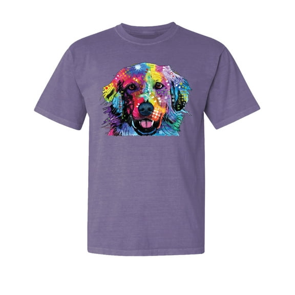 Wild Bobby,Neon Cute Dean Russo Labrador Retriver Dog Lover Garment-Dyed Washed Look Short Sleeve Tees, Purple, Medium