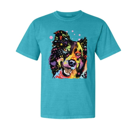 Wild Bobby,Neon Rainbow Happy Cute Dog Dog Lover Garment-Dyed Washed Look Short Sleeve Tees, Blue Lagoon, Medium