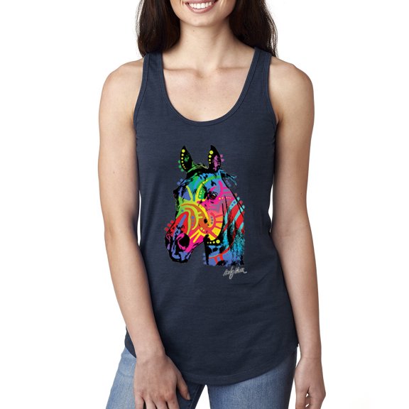 Wild Bobby, Neon Rainbow Horse Animal Lover Ladies Racerback Tank Top, Navy, Large