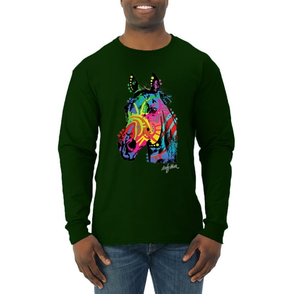Wild Bobby, Neon Rainbow Horse Animal Lover Mens Long Sleeve Shirt, Forest Green, Medium