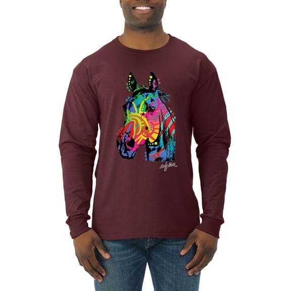 Wild Bobby, Neon Rainbow Horse Animal Lover Mens Long Sleeve Shirt, Maroon, Large