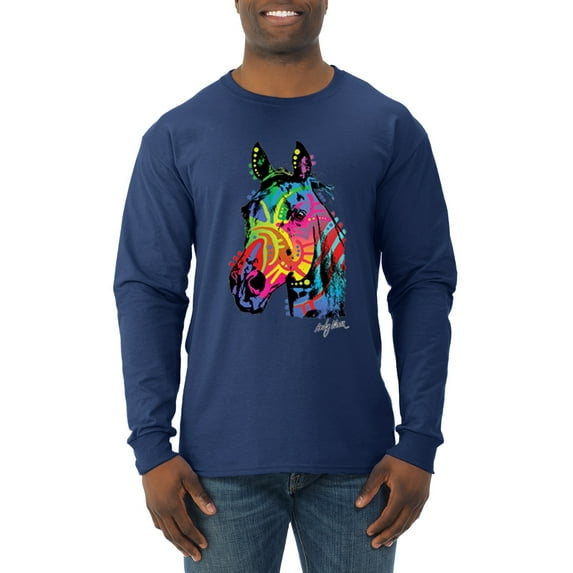 Wild Bobby, Neon Rainbow Horse Animal Lover Mens Long Sleeve Shirt, Navy, 3XL