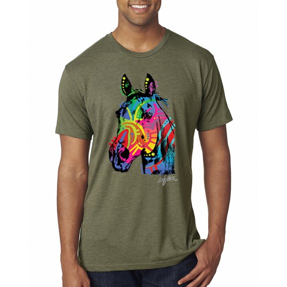 Wild Bobby, Neon Rainbow Horse Animal Lover Mens Premium Tri Blend T-Shirt, Military Green, 2XL