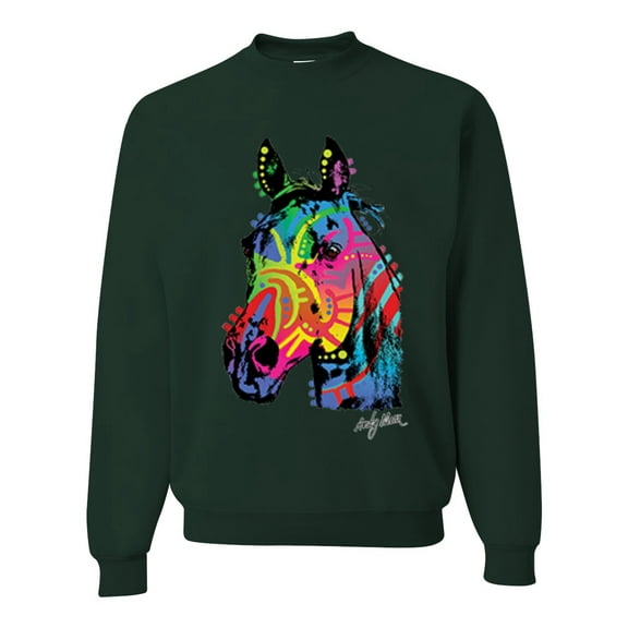 Wild Bobby, Neon Rainbow Horse Animal Lover Unisex Crewneck Graphic Sweatshirt, Forest Green, Medium