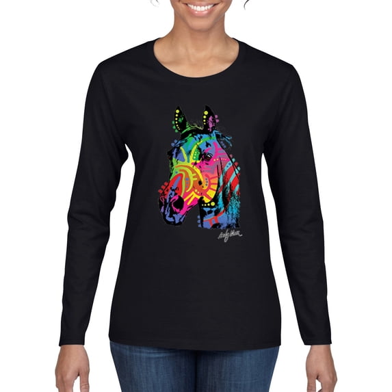 Wild Bobby, Neon Rainbow Horse Animal Lover Womens Graphic Long Sleeve T-Shirt, Black, X-Large