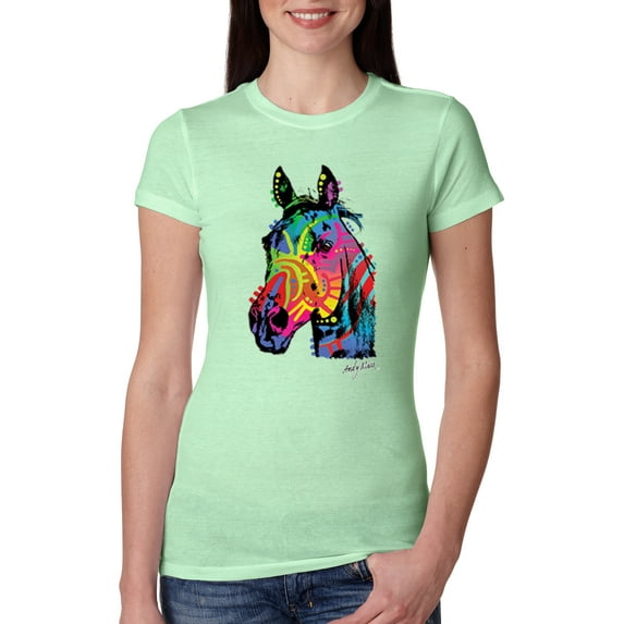 Wild Bobby, Neon Rainbow Horse Animal Lover Womens Slim Fit Junior Tee, Mint, Large