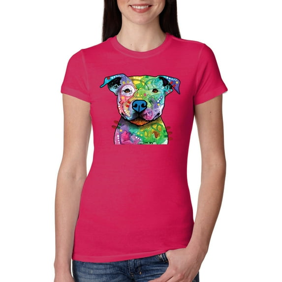 Neon Rainbow Trippy Cute Pitbull Dog Straight at You Dog Lover Womens Slim Fit Junior Tee, Raspberry, Large