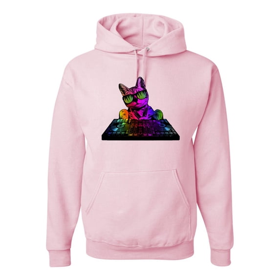 Wild Bobby, Neon Retro Rainbow DJ MC Hip Hop Cat | Mens Cat Lover Hooded Sweatshirt Graphic Hoodie, Light Pink, Small