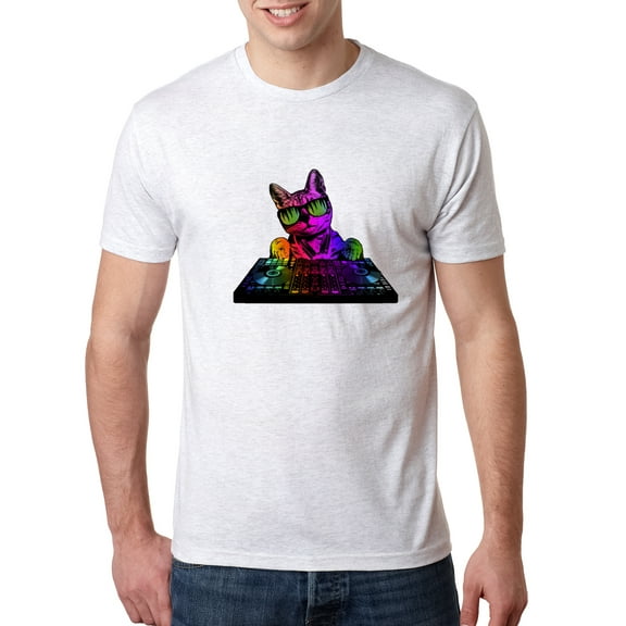Wild Bobby, Neon Retro Rainbow DJ MC Hip Hop Cat | Mens Cat Lover Premium Tri Blend T-Shirt, Heather White, Small