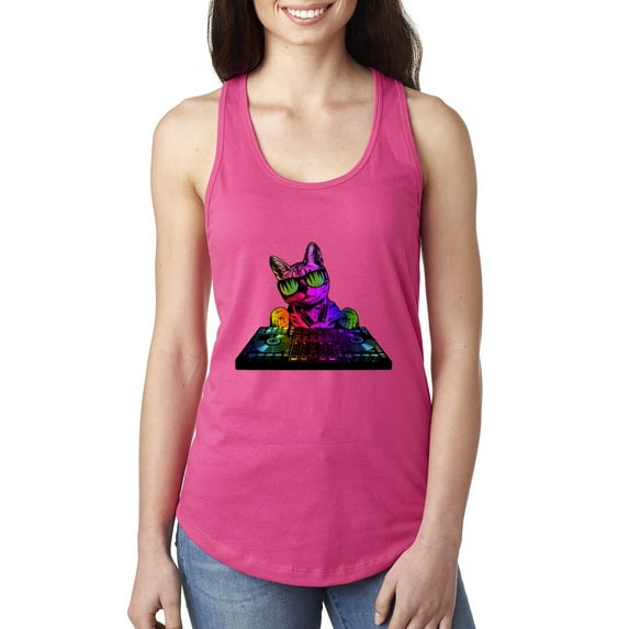 Wild Bobby, Neon Retro Rainbow DJ MC Hip Hop Cat | Womens Cat Lover Jersey Racerback Tank Top, Raspberry, Medium