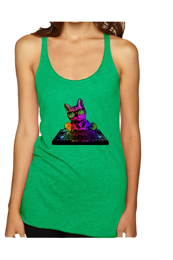 , Neon Retro Rainbow DJ MC Hip Hop Cat | Womens Cat Lover Premium Tri-Blend Racerback Tank Top, Envy, Small