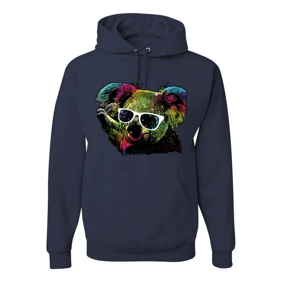 Wild Bobby, Neon Technicolor Trippy Party Rainbow Koala | Mens Animal Lover Hooded Sweatshirt Graphic Hoodie, Navy, Medium