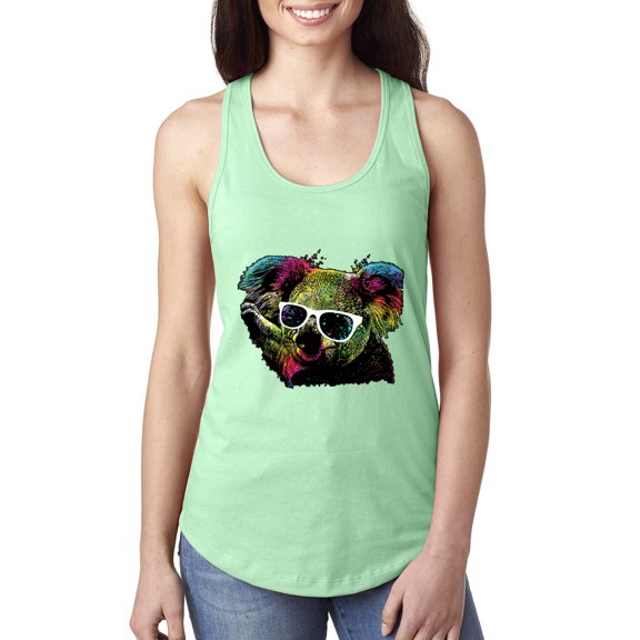 Wild Bobby, Neon Technicolor Trippy Party Rainbow Koala | Womens Animal Lover Jersey Racerback Tank Top, Mint, Large