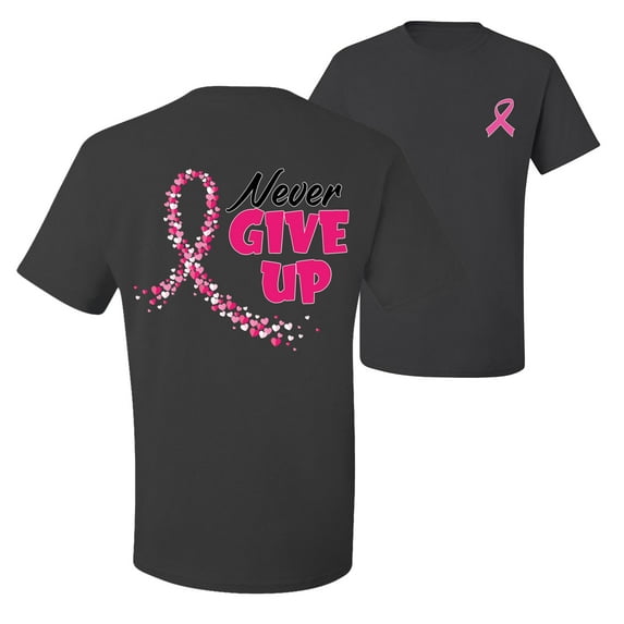 Wild Bobby, Never Give Up Fight Cancer, Breast Cancer Awareness, Front and Back Men Graphic Tee, Charcoal, Large