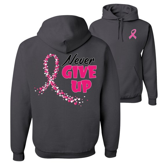Wild Bobby, Never Give Up Fight Cancer, Breast Cancer Awareness, Front and Back Unisex Graphic Hoodie Sweatshirt, Charcoal, XX-Large