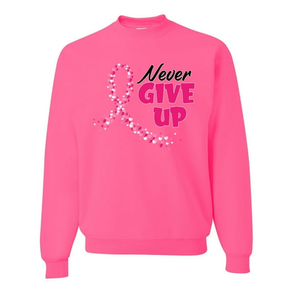 Wild Bobby, Never Give Up Fight Cancer, Breast Cancer Awareness, Unisex Crewneck Graphic Sweatshirt, Neon Pink, Small