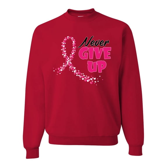 Wild Bobby, Never Give Up Fight Cancer, Breast Cancer Awareness, Unisex Crewneck Graphic Sweatshirt, Red, 5X-Large