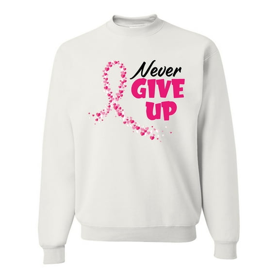 Wild Bobby, Never Give Up Fight Cancer, Breast Cancer Awareness, Unisex Crewneck Graphic Sweatshirt, White, 3X-Large