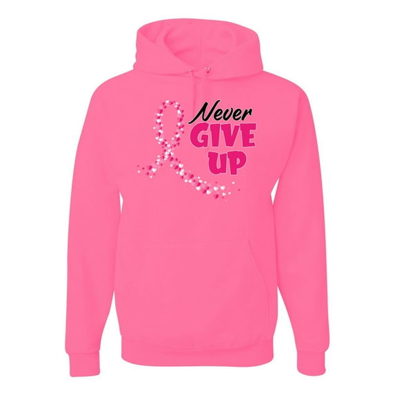 Wild Bobby, Never Give Up Fight Cancer, Breast Cancer Awareness, Unisex Graphic Hoodie Sweatshirt, Neon Pink, 3X-Large