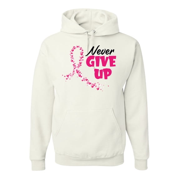 Wild Bobby, Never Give Up Fight Cancer, Breast Cancer Awareness, Unisex Graphic Hoodie Sweatshirt, White, Large