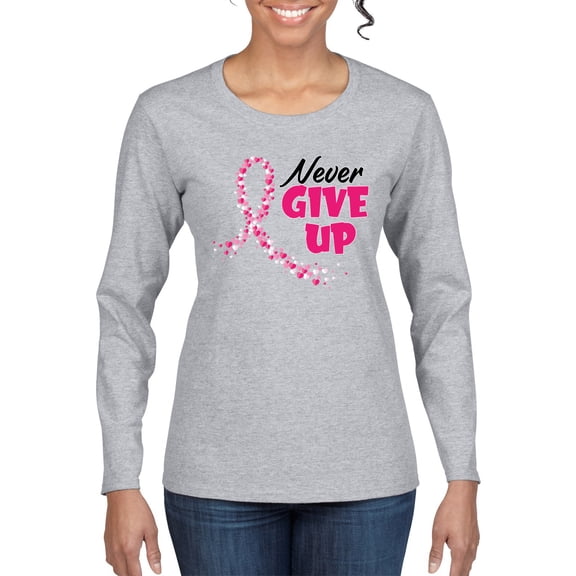 Wild Bobby Never Give Up Fight Cancer Breast Cancer Awareness Women Graphic Long Sleeve T-Shirt, Heather Grey, X-Large
