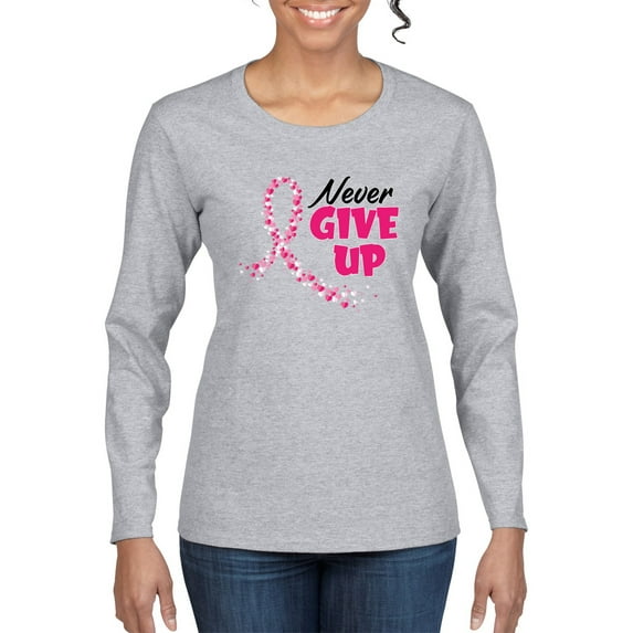 Wild Bobby, Never Give Up Fight Cancer, Breast Cancer Awareness, Women Graphic Long Sleeve Tee, Heather Grey, X-Large
