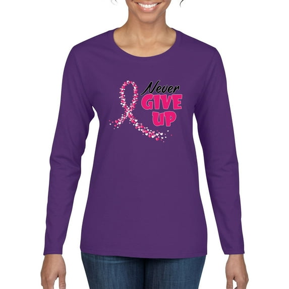 Wild Bobby, Never Give Up Fight Cancer, Breast Cancer Awareness, Women Graphic Long Sleeve Tee, Purple, X-Large