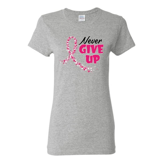 Wild Bobby, Never Give Up Fight Cancer, Breast Cancer Awareness, Women Graphic Tee, Heather Grey, Medium