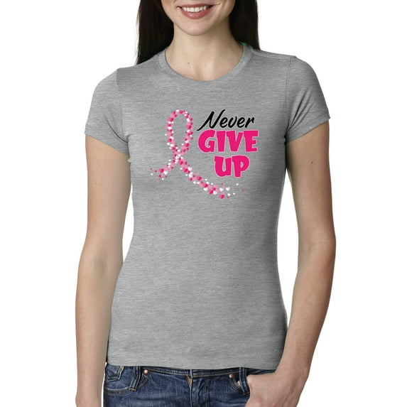 Wild Bobby, Never Give Up Fight Cancer, Breast Cancer Awareness, Women Slim Fit Junior Tee, Heather Grey, XX-Large