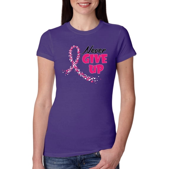 Wild Bobby, Never Give Up Fight Cancer, Breast Cancer Awareness, Women Slim Fit Junior Tee, Purple Rush, Small