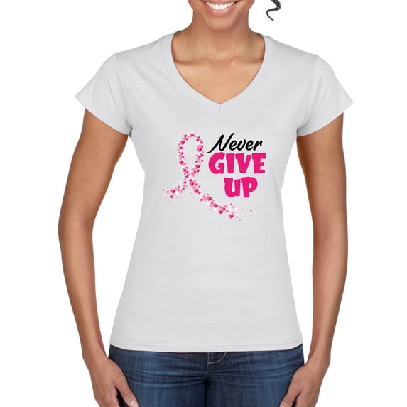 Wild Bobby, Never Give Up Fight Cancer, Breast Cancer Awareness, Women Standard V-Neck Tee, White, Medium