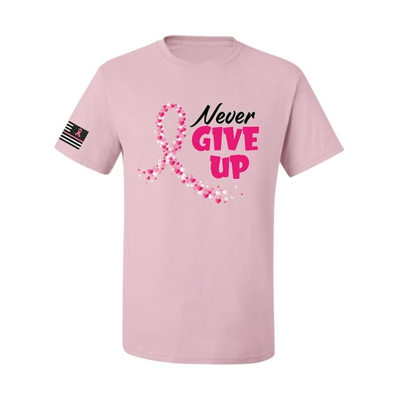 Wild Bobby, Never Give Up Fight Cancer USA Flag Sleeve Breast Cancer Awareness Unisex Tee, Light Pink, 3X-Large