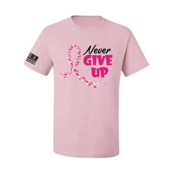 Wild Bobby, Never Give Up Fight Cancer USA Flag Sleeve Breast Cancer Awareness Unisex Tee, Light Pink, Medium