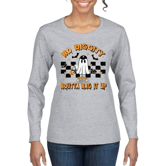 Wild Bobby No Diggity Boutta Bag it Up Ghost Bats Stars Pumpkin Halloween Orange and Black Halloween Women Graphic Long Sleeve Tee, Heather Grey, Small