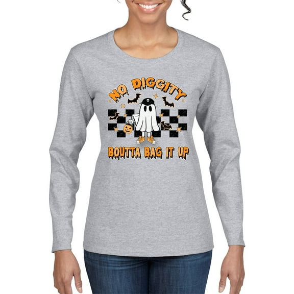Wild Bobby No Diggity Boutta Bag it Up Ghost Bats Stars Pumpkin Halloween Orange and Black Halloween Women Graphic Long Sleeve Tee, Heather Grey, XX-Large