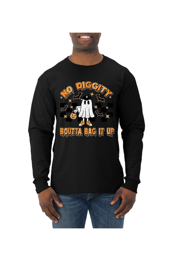 No Diggity Boutta Bag it Up Ghost Bats Stars Pumpkin Halloween Orange and Black Halloween Men Long Sleeve Shirt, Black, Small