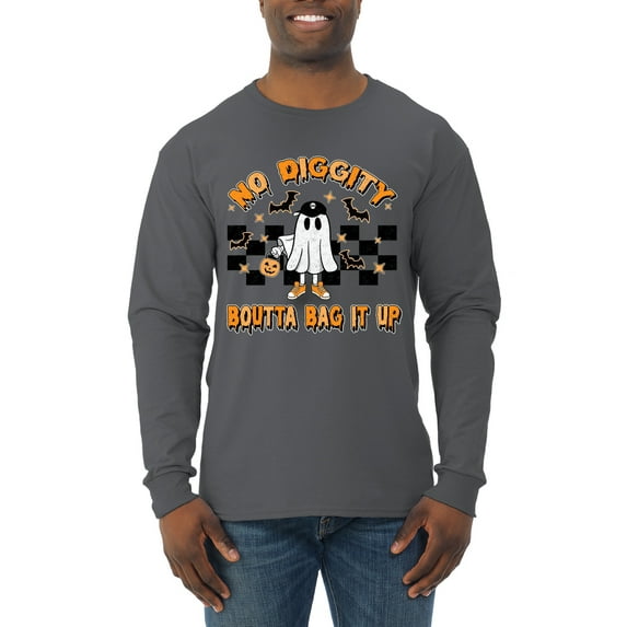 Wild Bobby No Diggity Boutta Bag it Up Ghost Bats Stars Pumpkin Halloween Orange and Black Halloween Men Long Sleeve Shirt, Charcoal, Large