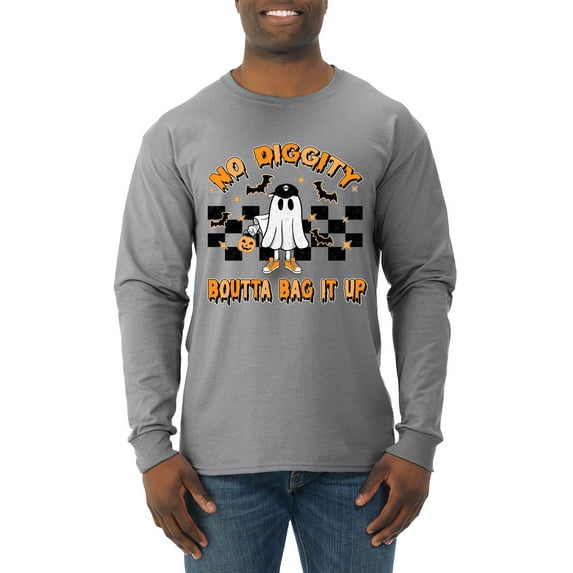 Wild Bobby No Diggity Boutta Bag it Up Ghost Bats Stars Pumpkin Halloween Orange and Black Halloween Men Long Sleeve Shirt, Heather Grey, Large